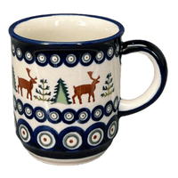 A picture of a Polish Pottery Zaklady 8 oz. Traditional Mug (Evergreen Moose) | Y903-A992A as shown at PolishPotteryOutlet.com/products/zaklady-traditional-mug-reindeer-peacock-y903-a992a