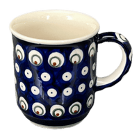 A picture of a Polish Pottery Zaklady 8 oz. Traditional Mug (Peacock Burst) | Y903-D487 as shown at PolishPotteryOutlet.com/products/zaklady-traditional-mug-peacock-burst-y903-d487