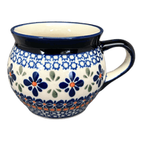 A picture of a Polish Pottery Zaklady 16 oz. Large Belly Mug (Blue Mosaic Flower) | Y910-A221A as shown at PolishPotteryOutlet.com/products/zaklady-16-oz-belly-mug-blue-mosaic-flower-y910-a221a