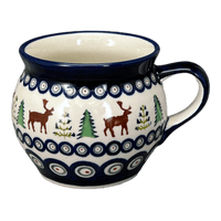 A picture of a Polish Pottery Zaklady 16 oz. Large Belly Mug (Evergreen Moose) | Y910-A992A as shown at PolishPotteryOutlet.com/products/zaklady-16-oz-belly-mug-reindeer-peacock-y910-a992a