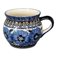 A picture of a Polish Pottery Zaklady 16 oz. Large Belly Mug (Bloomin' Sky) | Y910-ART148 as shown at PolishPotteryOutlet.com/products/zaklady-16-oz-belly-mug-blue-bouquet-in-mosaic-y910-art148