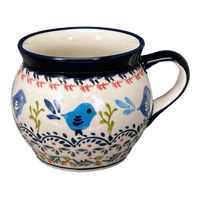 A picture of a Polish Pottery Zaklady 16 oz. Large Belly Mug (Circling Bluebirds) | Y910-ART214 as shown at PolishPotteryOutlet.com/products/zaklady-16-oz-belly-mug-circling-bluebirds-y910-art214