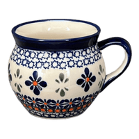 A picture of a Polish Pottery Zaklady 10 oz. Belly Mug (Blue Mosaic Flower) | Y911-A221A as shown at PolishPotteryOutlet.com/products/zaklady-10-oz-belly-mug-blue-mosaic-flower-y911-a221a
