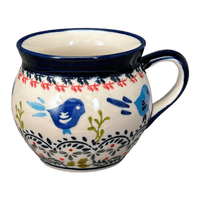 A picture of a Polish Pottery Zaklady 10 oz. Belly Mug (Circling Bluebirds) | Y911-ART214 as shown at PolishPotteryOutlet.com/products/zaklady-10-oz-belly-mug-circling-bluebirds-y911-art214