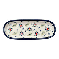 A picture of a Polish Pottery Zaklady 11" x 4.5" Oval Serving Dish (Mountain Flower) | Y928A-A1109A as shown at PolishPotteryOutlet.com/products/small-tray-mistletoe-y928a-a1109a