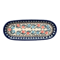 A picture of a Polish Pottery Zaklady 11" x 4.5" Oval Serving Dish (Climbing Aster) | Y928A-A1145A as shown at PolishPotteryOutlet.com/products/11-25-x-4-5-oval-serving-dish-climbing-aster-y928a-a1145a