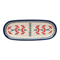 A picture of a Polish Pottery Zaklady 11" x 4.5" Oval Serving Dish (Scarlet Stitch) | Y928A-A1158A as shown at PolishPotteryOutlet.com/products/11-25-x-4-5-oval-serving-dish-scarlet-stitch-y928a-a1158a