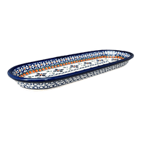 A picture of a Polish Pottery Zaklady 11" x 4.5" Oval Serving Dish (Blue Mosaic Flower) | Y928A-A221A as shown at PolishPotteryOutlet.com/products/small-tray-blue-mosaic-flower-y928a-a221a