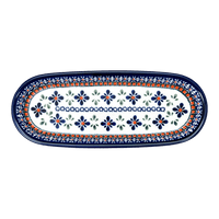 A picture of a Polish Pottery Zaklady 11" x 4.5" Oval Serving Dish (Blue Mosaic Flower) | Y928A-A221A as shown at PolishPotteryOutlet.com/products/small-tray-blue-mosaic-flower-y928a-a221a