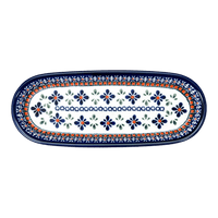 A picture of a Polish Pottery Serving Dish, Oval, 11" x 4.5" in "Blue Mosaic Flower" by Zaklady | Y928A-A221A as shown at PolishPotteryOutlet.com/products/small-tray-blue-mosaic-flower-y928a-a221a