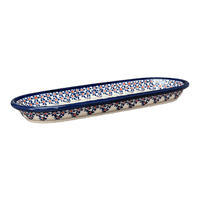 A picture of a Polish Pottery Serving Dish, Oval, 11" x 4.5" in "Falling Blue Daisies" by Zaklady | Y928A-A882A as shown at PolishPotteryOutlet.com/products/11-25-x-4-5-oval-serving-dish-falling-blue-daisies-y928a-a882a