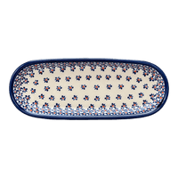A picture of a Polish Pottery Zaklady 11" x 4.5" Oval Serving Dish (Falling Blue Daisies) | Y928A-A882A as shown at PolishPotteryOutlet.com/products/11-25-x-4-5-oval-serving-dish-falling-blue-daisies-y928a-a882a