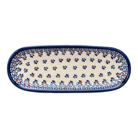 A picture of a Polish Pottery Serving Dish, Oval, 11" x 4.5" in "Falling Blue Daisies" by Zaklady | Y928A-A882A as shown at PolishPotteryOutlet.com/products/11-25-x-4-5-oval-serving-dish-falling-blue-daisies-y928a-a882a