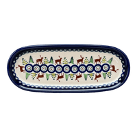 A picture of a Polish Pottery Zaklady 11" x 4.5" Oval Serving Dish (Evergreen Moose) | Y928A-A992A as shown at PolishPotteryOutlet.com/products/11-25-x-4-5-oval-serving-dish-evergreen-moose-y928a-a992a