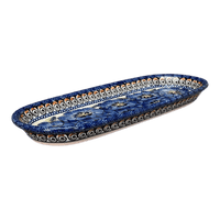 A picture of a Polish Pottery Zaklady 11" x 4.5" Oval Serving Dish (Bloomin' Sky) | Y928A-ART148 as shown at PolishPotteryOutlet.com/products/small-tray-blue-bouquet-in-mosaic-y928a-art148