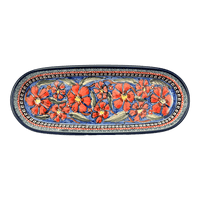 A picture of a Polish Pottery Zaklady 11" x 4.5" Oval Serving Dish (Exotic Reds) | Y928A-ART150 as shown at PolishPotteryOutlet.com/products/small-tray-exotic-reds-y928a-art150