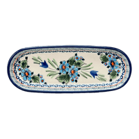 A picture of a Polish Pottery Zaklady 11" x 4.5" Oval Serving Dish (Julie's Garden) | Y928A-ART165 as shown at PolishPotteryOutlet.com/products/11-25-x-4-5-oval-serving-dish-julies-garden-y928a-art165