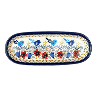 A picture of a Polish Pottery Zaklady 11" x 4.5" Oval Serving Dish (Circling Bluebirds) | Y928A-ART214 as shown at PolishPotteryOutlet.com/products/11-25-x-4-5-oval-serving-dish-circling-bluebirds-y928a-art214