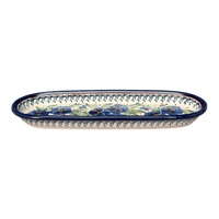A picture of a Polish Pottery Zaklady 11" x 4.5" Oval Serving Dish (Pansies in Bloom) | Y928A-ART277 as shown at PolishPotteryOutlet.com/products/small-tray-pansies-in-bloom-y928a-art277
