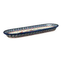 A picture of a Polish Pottery Zaklady 11" x 4.5" Oval Serving Dish (Cosmic Cosmos) | Y928A-ART326 as shown at PolishPotteryOutlet.com/products/11-x-4-5-oval-serving-dish-cosmic-cosmos-y928a-art326