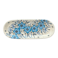 A picture of a Polish Pottery Zaklady 11" x 4.5" Oval Serving Dish (Something Blue) | Y928A-ART374 as shown at PolishPotteryOutlet.com/products/11-x-4-5-oval-serving-dish-something-blue-y928a-art374