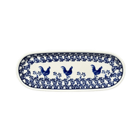A picture of a Polish Pottery Zaklady 11" x 4.5" Oval Serving Dish (Rooster Blues) | Y928A-D1149 as shown at PolishPotteryOutlet.com/products/11-x-4-5-oval-serving-dish-rooster-blues-y928a-d1149