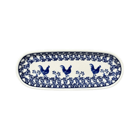 A picture of a Polish Pottery Serving Dish, Oval, 11" x 4.5" in "Rooster Blues" by Zaklady | Y928A-D1149 as shown at PolishPotteryOutlet.com/products/11-x-4-5-oval-serving-dish-rooster-blues-y928a-d1149