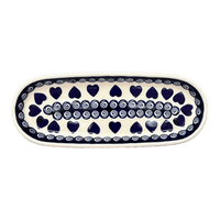A picture of a Polish Pottery Zaklady 11" x 4.5" Oval Serving Dish (Swirling Hearts) | Y928A-D467 as shown at PolishPotteryOutlet.com/products/11-x-4-5-oval-serving-dish-swirling-hearts-y928a-d467