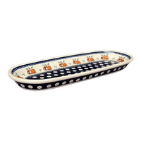 A picture of a Polish Pottery Zaklady 11" x 4.5" Oval Serving Dish (Persimmon Dot) | Y928A-D479 as shown at PolishPotteryOutlet.com/products/small-tray-peacock-peaches-cream-y928a-d479