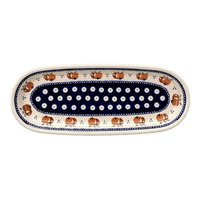 A picture of a Polish Pottery Zaklady 11" x 4.5" Oval Serving Dish (Persimmon Dot) | Y928A-D479 as shown at PolishPotteryOutlet.com/products/small-tray-peacock-peaches-cream-y928a-d479
