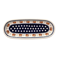 A picture of a Polish Pottery Serving Dish, Oval, 11" x 4.5" in "Persimmon Dot" by Zaklady | Y928A-D479 as shown at PolishPotteryOutlet.com/products/small-tray-peacock-peaches-cream-y928a-d479