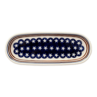 A picture of a Polish Pottery Serving Dish, Oval, 11" x 4.5" in "Stars & Stripes" by Zaklady | Y928A-D81 as shown at PolishPotteryOutlet.com/products/small-tray-stars-stripes-y928a-d81