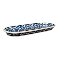 A picture of a Polish Pottery Zaklady 11" x 4.5" Oval Serving Dish (Mosaic Blues) | Y928A-D910 as shown at PolishPotteryOutlet.com/products/small-tray-mosaic-blues-y928a-d910