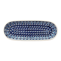 A picture of a Polish Pottery Zaklady 11" x 4.5" Oval Serving Dish (Mosaic Blues) | Y928A-D910 as shown at PolishPotteryOutlet.com/products/small-tray-mosaic-blues-y928a-d910