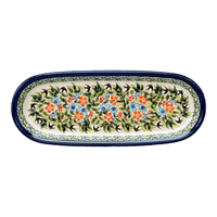 A picture of a Polish Pottery Zaklady 11" x 4.5" Oval Serving Dish (Floral Swallows) | Y928A-DU182 as shown at PolishPotteryOutlet.com/products/11-x-4-5-oval-serving-dish-floral-swallows-y928a-du182
