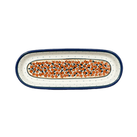 A picture of a Polish Pottery Zaklady 11" x 4.5" Oval Serving Dish (Orange Wreath) | Y928A-DU52 as shown at PolishPotteryOutlet.com/products/11-x-4-5-oval-serving-dish-orange-wreath-y928a-du52