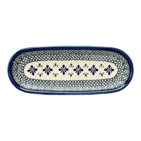 A picture of a Polish Pottery Zaklady 11" x 4.5" Oval Serving Dish (Emerald Mosaic) | Y928A-DU60 as shown at PolishPotteryOutlet.com/products/11-x-4-5-oval-serving-dish-emerald-mosaic-y928a-du60