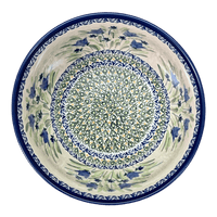 A picture of a Polish Pottery Zaklady Extra-Deep 8" Bowl (Blue Tulips) | Y985A-ART160 as shown at PolishPotteryOutlet.com/products/zaklady-8-bowl-blue-tulips-y985a-art160