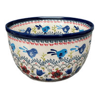 A picture of a Polish Pottery Zaklady Extra-Deep 8" Bowl (Circling Bluebirds) | Y985A-ART214 as shown at PolishPotteryOutlet.com/products/zaklady-8-bowl-circling-bluebirds-y985a-art214