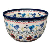 A picture of a Polish Pottery Bowl, Round, Extra-Deep, 8" in "Circling Bluebirds" by Zaklady | Y985A-ART214 as shown at PolishPotteryOutlet.com/products/zaklady-8-bowl-circling-bluebirds-y985a-art214