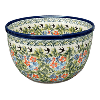 A picture of a Polish Pottery Bowl, Round, Extra-Deep, 8" in "Floral Swallows" by Zaklady | Y985A-DU182 as shown at PolishPotteryOutlet.com/products/8-extra-deep-bowl-floral-swallows-y985a-du182