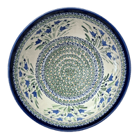 A picture of a Polish Pottery Zaklady Extra- Deep 10.5" Bowl (Blue Tulips) | Y986A-ART160 as shown at PolishPotteryOutlet.com/products/zaklady-10-5-bowl-blue-tulips-y986a-art160
