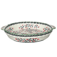 A picture of a Polish Pottery Pie Plate with Handles (Cherry Blossom) | Z148S-DPGJ as shown at PolishPotteryOutlet.com/products/9-75-pie-plate-with-handles-cherry-blossoms-z148s-dpgj