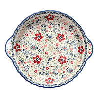 A picture of a Polish Pottery Pie Plate with Handles (Full Bloom) | Z148S-EO34 as shown at PolishPotteryOutlet.com/products/pie-plate-with-handles-full-bloom-z148s-eo34