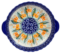 A picture of a Polish Pottery Pie Plate with Handles (Sun-Kissed Garden) | Z148S-GM15 as shown at PolishPotteryOutlet.com/products/9-75-pie-plate-with-handles-sun-kissed-garden-z148s-gm15