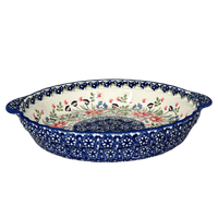A picture of a Polish Pottery Pie Plate with Handles (Floral Fantasy) | Z148S-P260 as shown at PolishPotteryOutlet.com/products/9-75-pie-plate-with-handles-floral-fantasy-z148s-p260