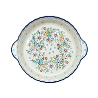 A picture of a Polish Pottery Pie Plate with Handles (Daisy Bouquet) | Z148S-TAB3 as shown at PolishPotteryOutlet.com/products/pie-plate-with-handles-daisy-bouquet-z148s-tab3