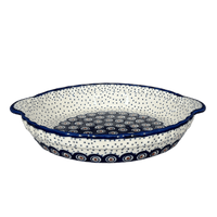 A picture of a Polish Pottery Pie Plate with Handles (Peacock Dot) | Z148U-54K as shown at PolishPotteryOutlet.com/products/9-75-pie-plate-with-handles-peacock-dot-z148u-54k
