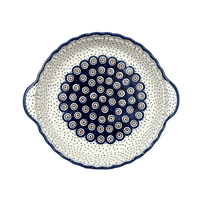 A picture of a Polish Pottery Pie Plate with Handles (Peacock Dot) | Z148U-54K as shown at PolishPotteryOutlet.com/products/9-75-pie-plate-with-handles-peacock-dot-z148u-54k