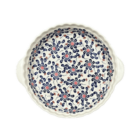 A picture of a Polish Pottery Pie Plate with Handles (Floral Fireworks) | Z148U-BSAS as shown at PolishPotteryOutlet.com/products/9-75-pie-plate-with-handles-floral-fireworks-z148u-bsas